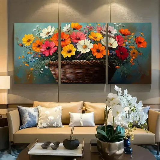 3pcs Rustic Wildflower Basket Meadow Blooms Design Metal Print Ready to Hang Art