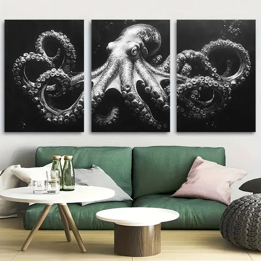 3pcs Octopus Monochrome Charcoal Design Metal Print Ready to Hang Art