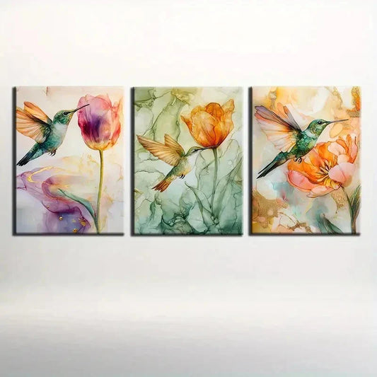 3pcs Hummingbird On Flowers Abstract Modern Metal Print Ready to Hang Art