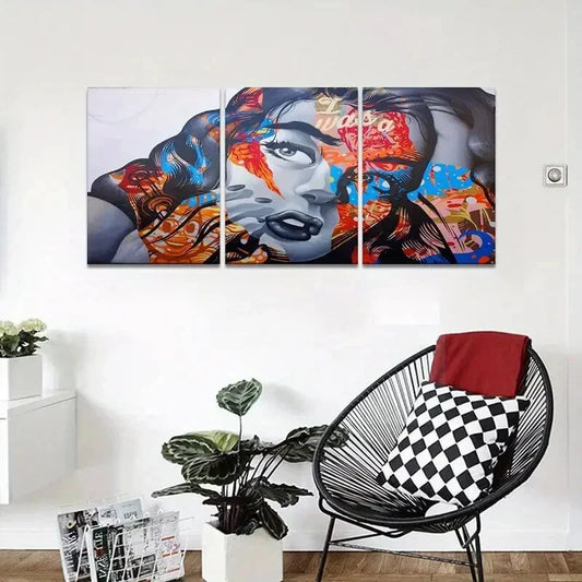 3pcs Featuring a Vibrant Portrait of a Woman Metal Print Ready to Hang Art