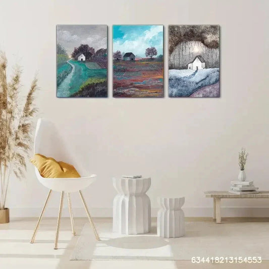 3pcs Trees Fields Sky House Cabin Landscape Metal Print Ready to Hang Art