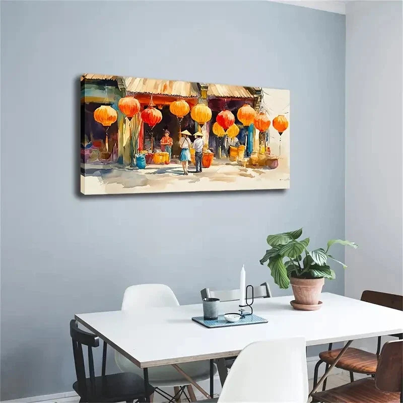 Vibrant Lantern Market Scene Wall Art Canvas Office Home Room Framed 120x60cm