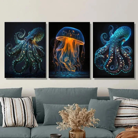 3pcs Glowing Marine Life, Fantasy Animal Metal Print Ready to Hang Art