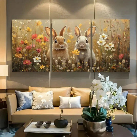 3pcs Adorable Rabbits in Meadow Rustic Spring Metal Print Ready to Hang Art