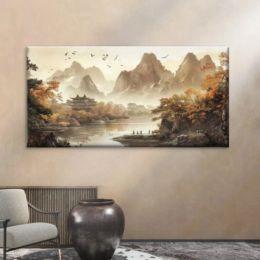 Autumn Landscape with Misty Wall Art Canvas Office Home Room Framed 80x45cm
