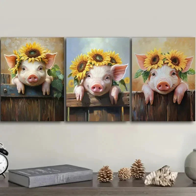 3pcs Rustic Sunflower Pig Metal Print Ready to Hang Art