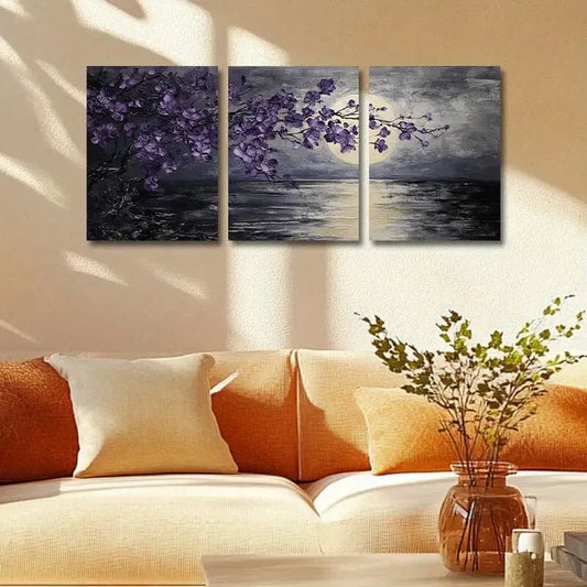 3pcs Purple Cherry Blossoms with Moon & Lake View Metal Print Ready to Hang Art