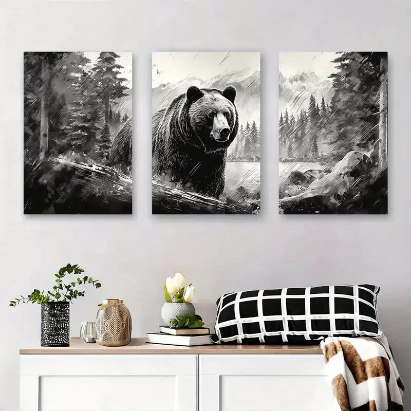 3pcs Black and White Bear Landscape Forest Metal Print Ready to Hang Art