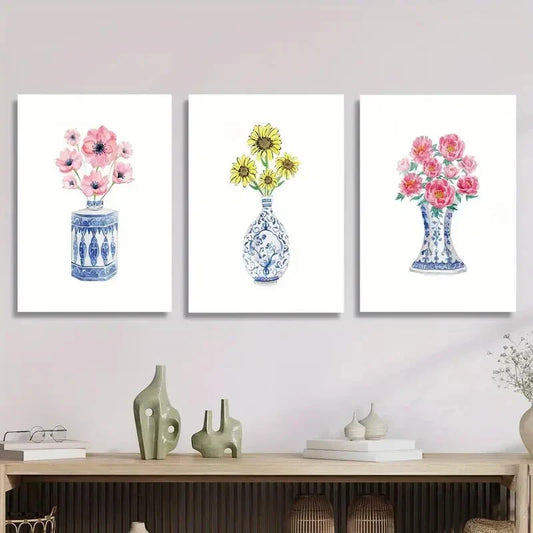 3pcs Chinese Style Blue and White Porcelain Vase Metal Print Ready to Hang Art