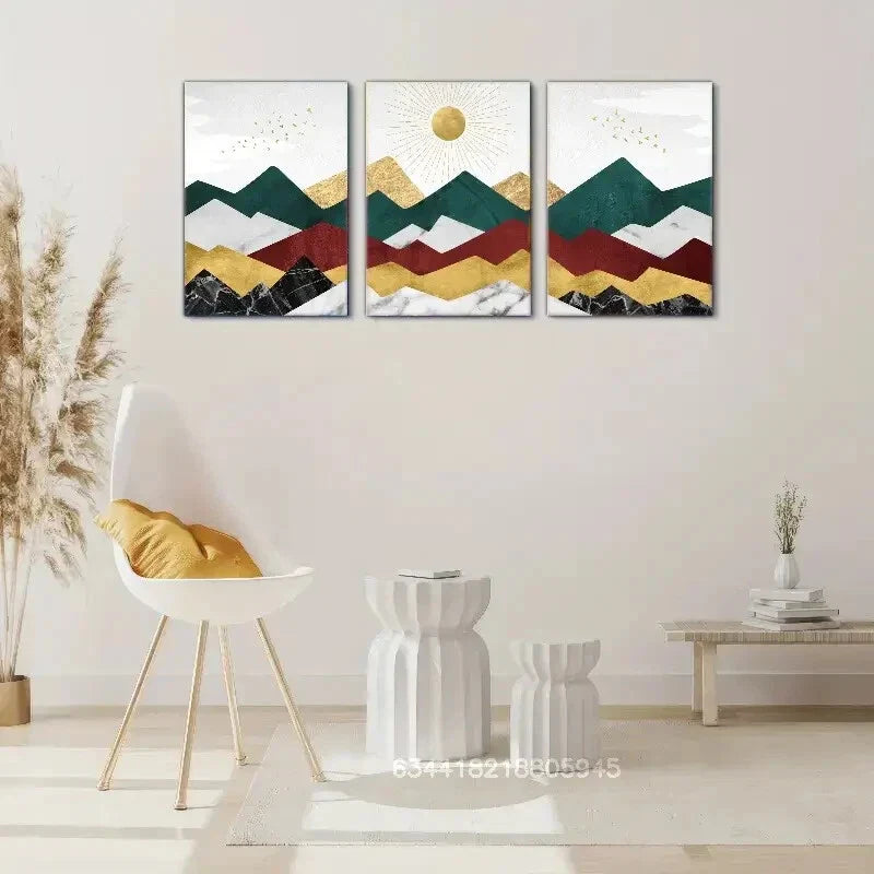 3pcs Geometric pattern mountains, Golden sun,Metal Print Ready to Hang Art