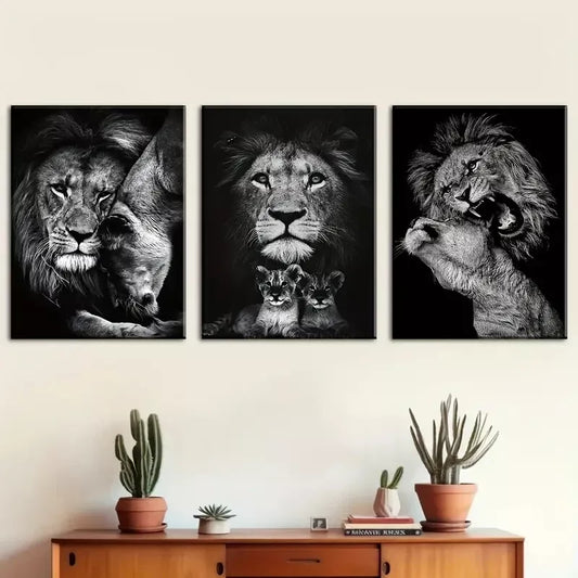 3pcs Lion House, animal Black and White print Wall Art Set Canvas Framed 40x60cm - High Quality Print 100% Australian Made Wall Canvas Ready to Hang