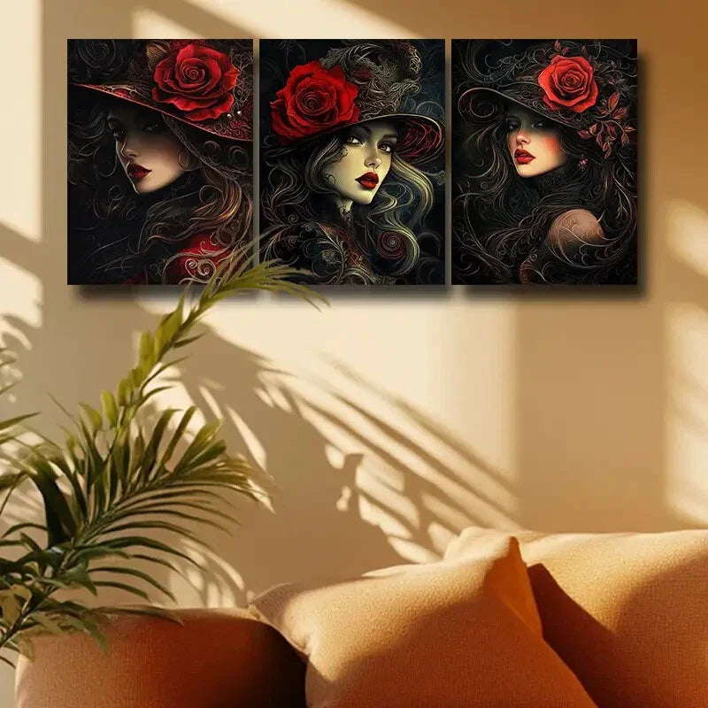 3pcs Sexy woman with Rose Hat Design Metal Print Ready to Hang Art