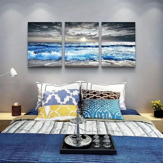 3pcs Depicting Blue Sea Waves Metal Print Ready to Hang Art