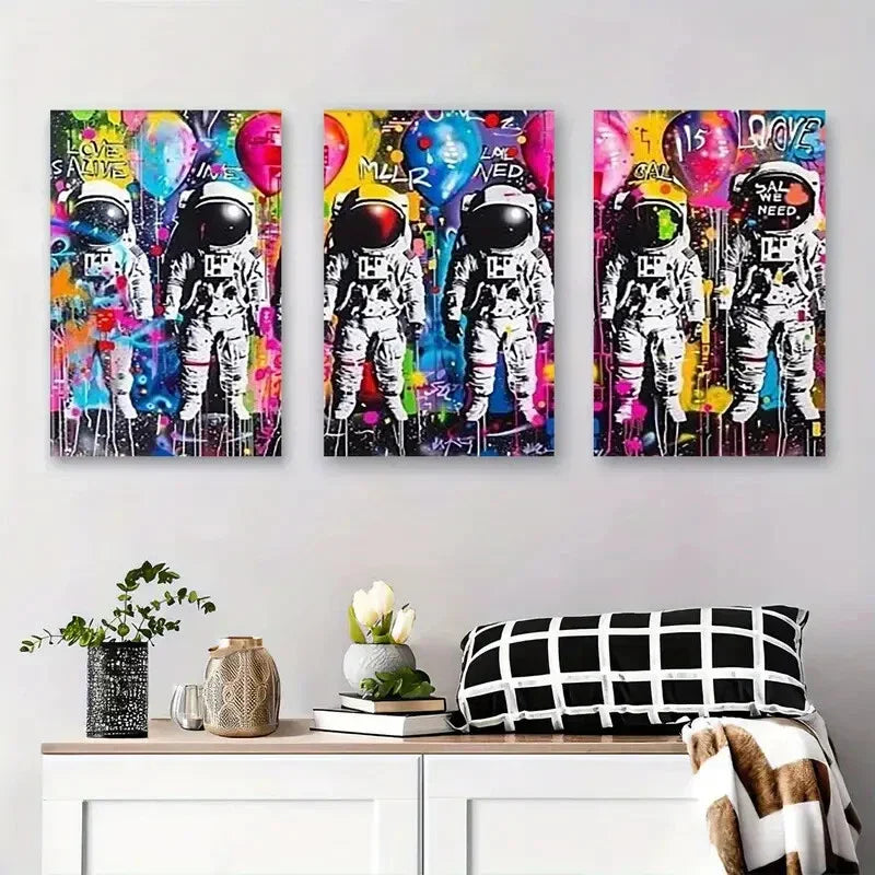 3pcs Astronaut Graffiti Colorful Street Art Metal Print Ready to Hang Art
