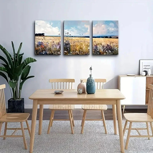 3pcs field landscape painting abstract Metal Print Ready to Hang Art