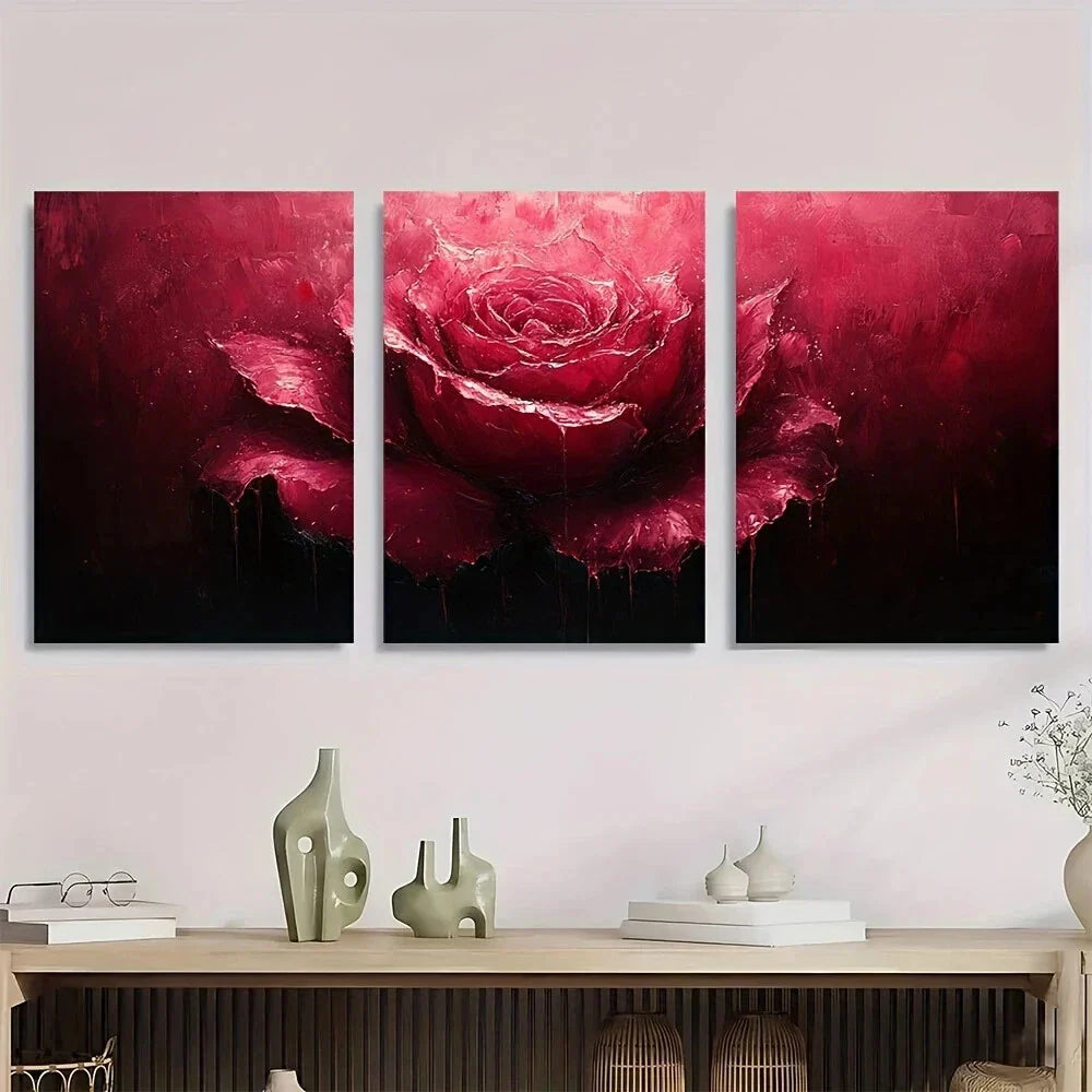 3pcs Stunning Dark Rose Abstract Metal Print Ready to Hang Art