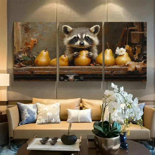 3pcs Raccoon Butler with Pears & Rose White Flower Metal Print Ready to Hang Art