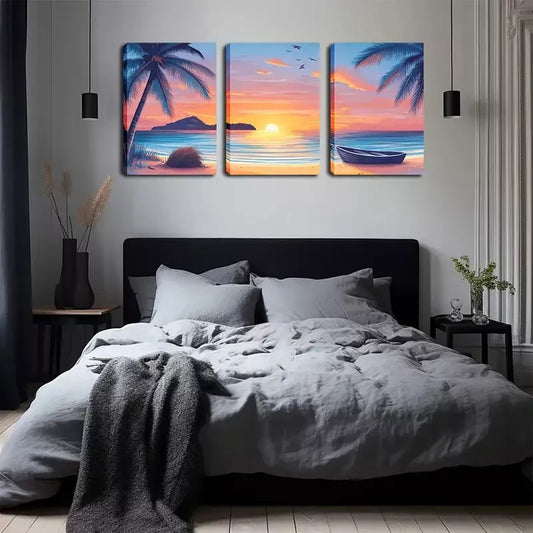 3pcs Sunset, A Boat On The Beach Wall Art Set Canvas Framed 40x60cm - High Quality Print 100% Australian Made Wall Canvas Ready to Hang