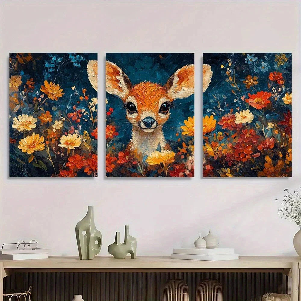 3pcs Cute Deer Colourful Flowers Metal Print Ready to Hang Art