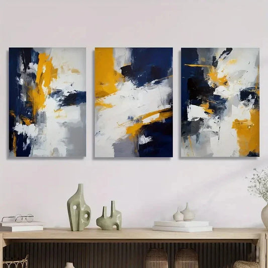 3pcs Abstract Yellow and Blue Metal Print Ready to Hang Art