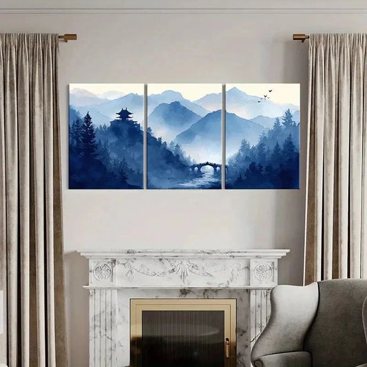 3pcs Mountain Landscape Ancient Temple Bridge Metal Print Ready to Hang Art