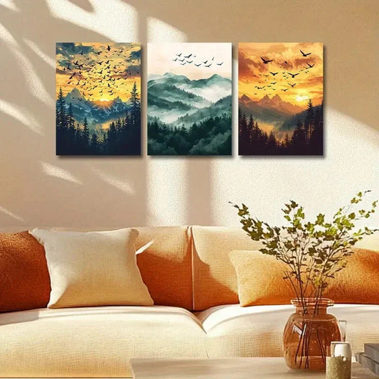 3pcs A Flock of Birds flying with Mountains View Metal Print Ready to Hang Art