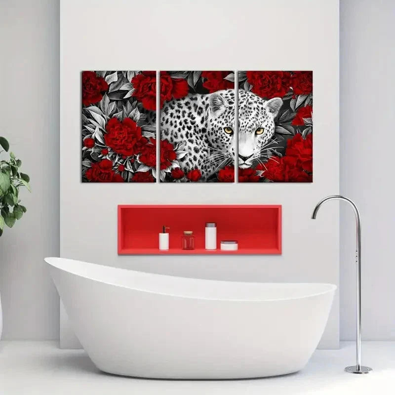 3pcs White Red Leopard with Yellow Eyes Metal Print Ready to Hang Art