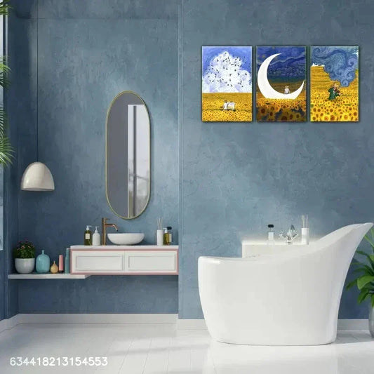 3pcs Sunflowers and Starry Sky Decorate the Sea Metal Print Ready to Hang Art