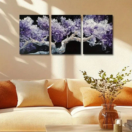 3pcs Purple and White Tree with Black Background Metal Print Ready to Hang Art