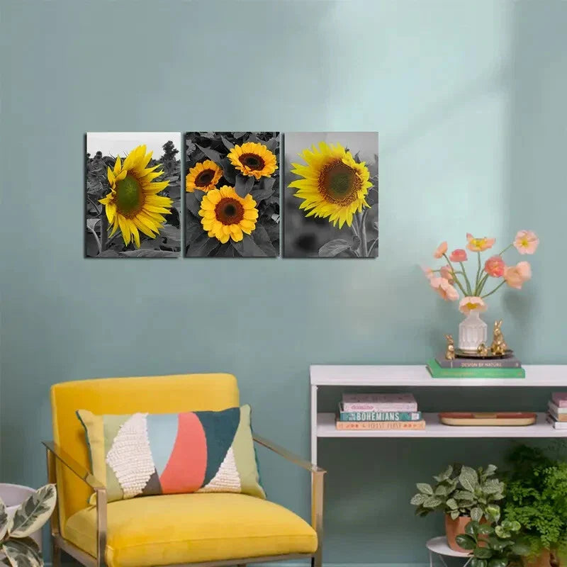 3pcs Black And White Background Sunflowers Metal Print Ready to Hang Art