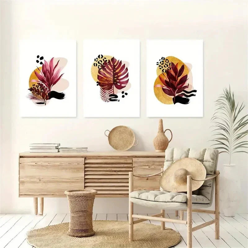 3pcs Golden Luxury Botanical Leaves Metal Print Ready to Hang Art