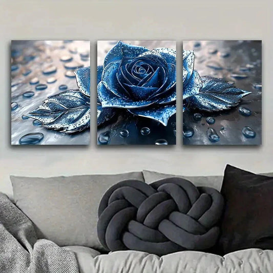 3pcs Blue roses with silver raindrops Metal Print Ready to Hang Art