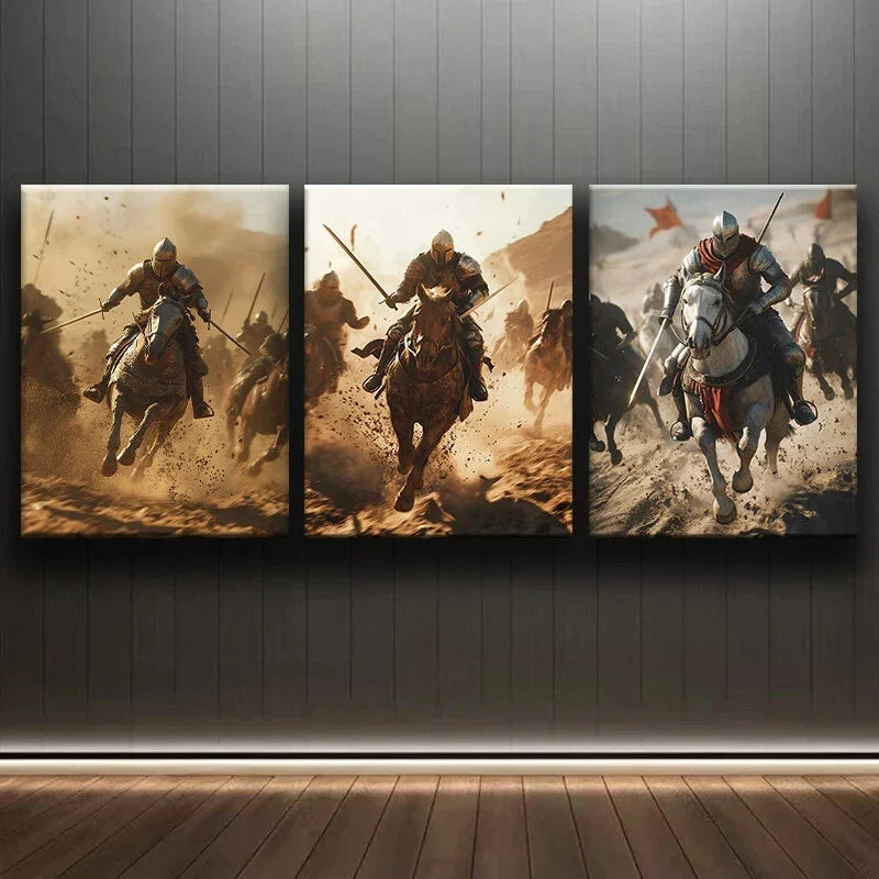 3pcs Armored Knights Battle Scene Metal Print Ready to Hang Art