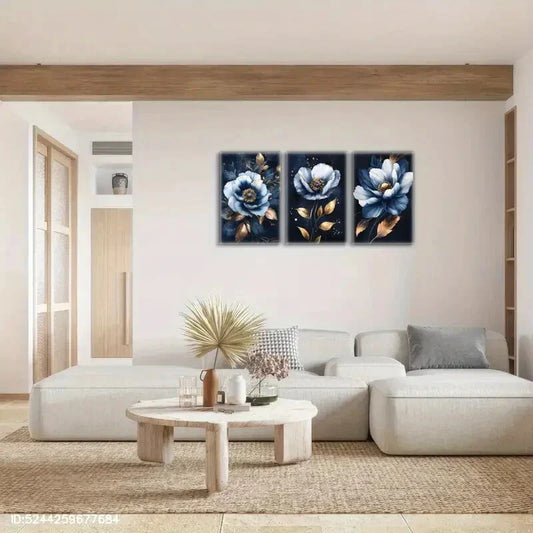 3pcs Blue Flowers Golden Leaves Decoration Metal Print Ready to Hang Art