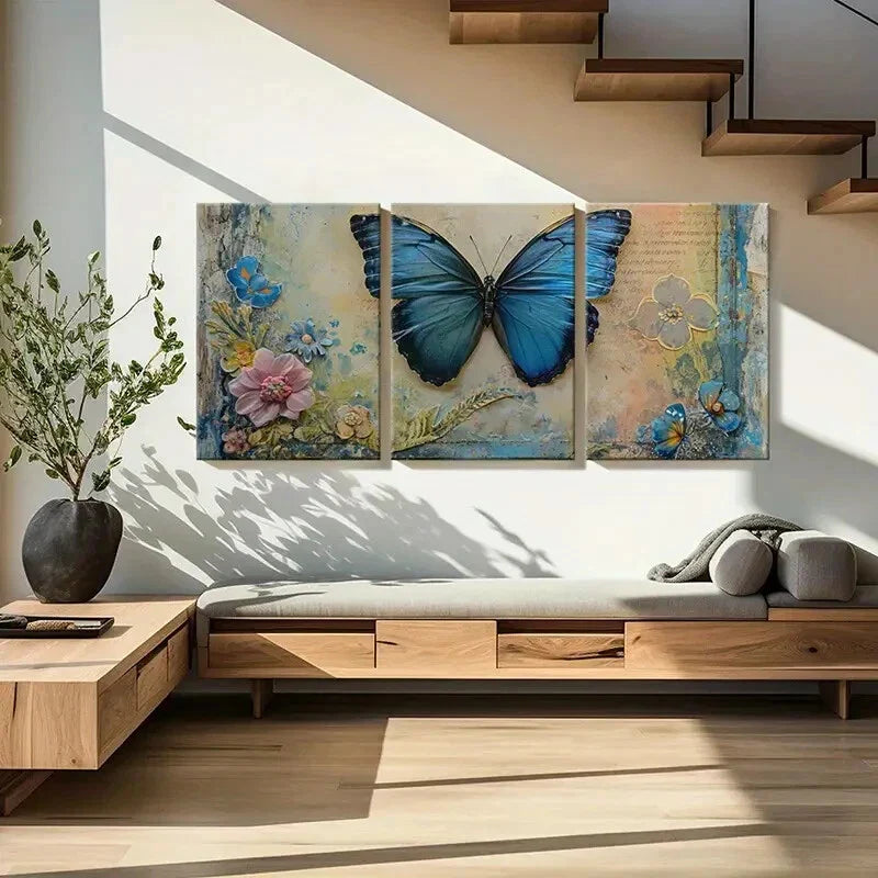 3pcs Vintage Blue Butterfly Floral Metal Print Ready to Hang Art
