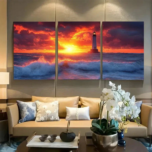 3pcs Colorful Ocean Lighthouse Over Crashing Waves Metal Print Ready to Hang Art