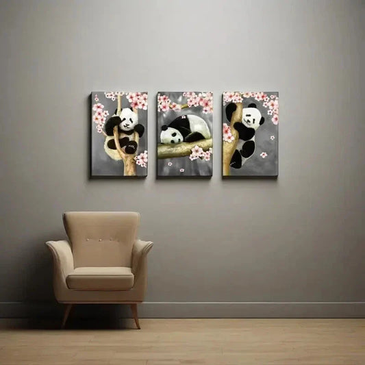 3pcs Panda Bear Painting Cute Panda Metal Print Ready to Hang Art