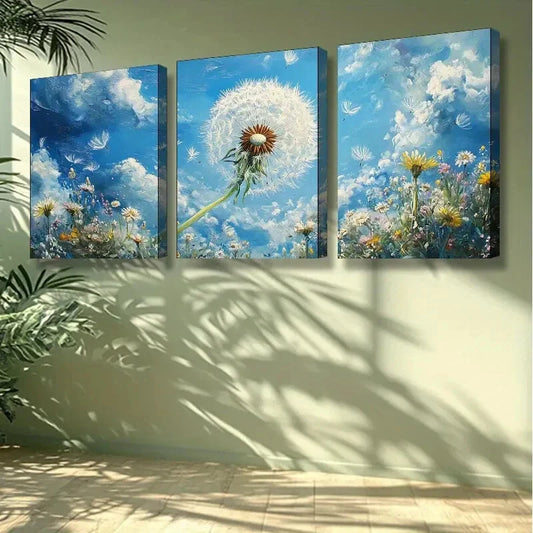 3pcs White dandelion Floral Wall Art Set Canvas Framed 40x60cm - High Quality Print 100% Australian Made Wall Canvas Ready to Hang