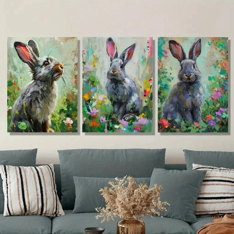 3pcs ,Watercolor Silver Fox & Bunnies in WildfloweMetal Print Ready to Hang Art