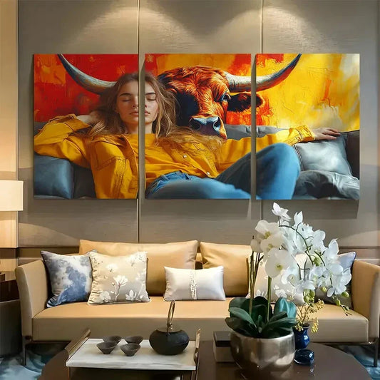 3pcs Vibrant Abstract Bull & Girl Design Metal Print Ready to Hang Art