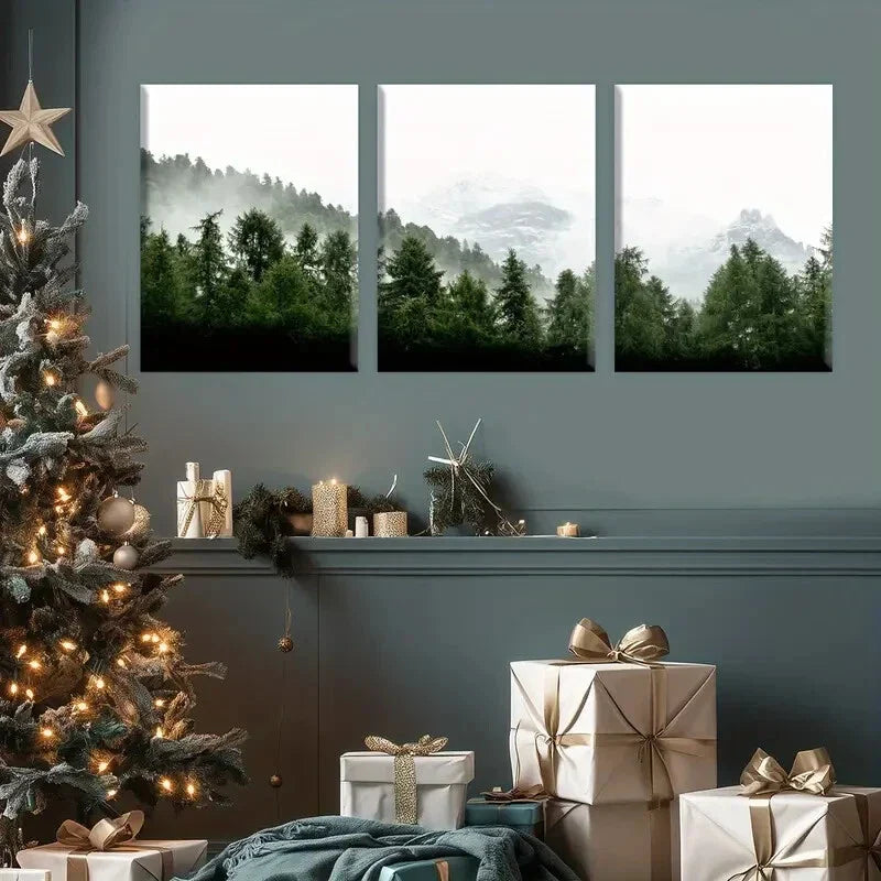 3pcs Mystical Mountain & Pine Tree Scenery, Metal Print Ready to Hang Art
