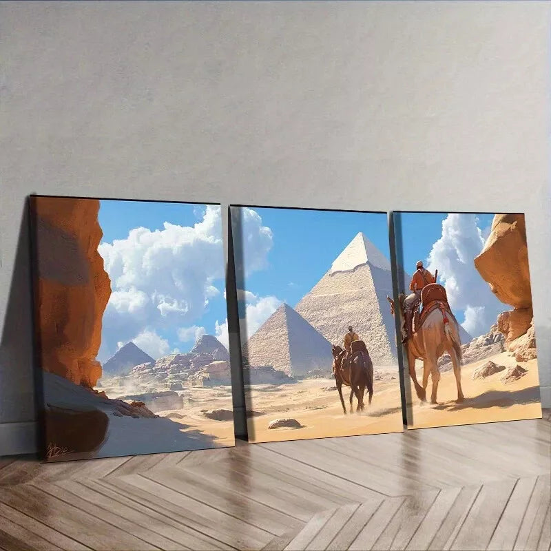 3pcs Camel Train Theme Pyramids Nature Wall Art Set Canvas Framed 40x60cm - High Quality Print 100% Australian Made Wall Canvas Ready to Hang