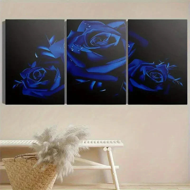 3pcs Blue Roses Modern Minimalist Fantasy Floral Metal Print Ready to Hang Art