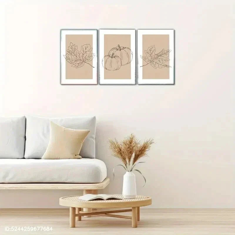 3pcs Artistic Flowers Leaves Pumpkin Poster Metal Print Ready to Hang Art