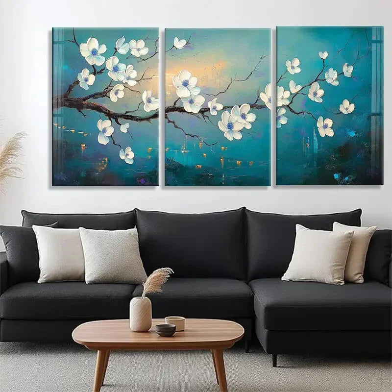 3pcs Blue & White Tones Flower Tranquil Perfect Wall Art Set Canvas Framed 40x60cm - High Quality Print 100% Australian Made Wall Canvas Ready to Hang