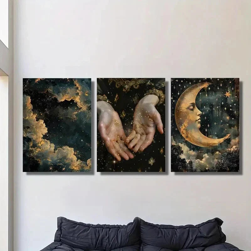 3pcs Abstract night, magic shine in hand, Metal Print Ready to Hang Art