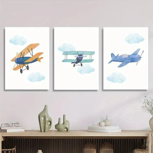 3pcs Retro Cartoon Plane Prints Metal Print Ready to Hang Art