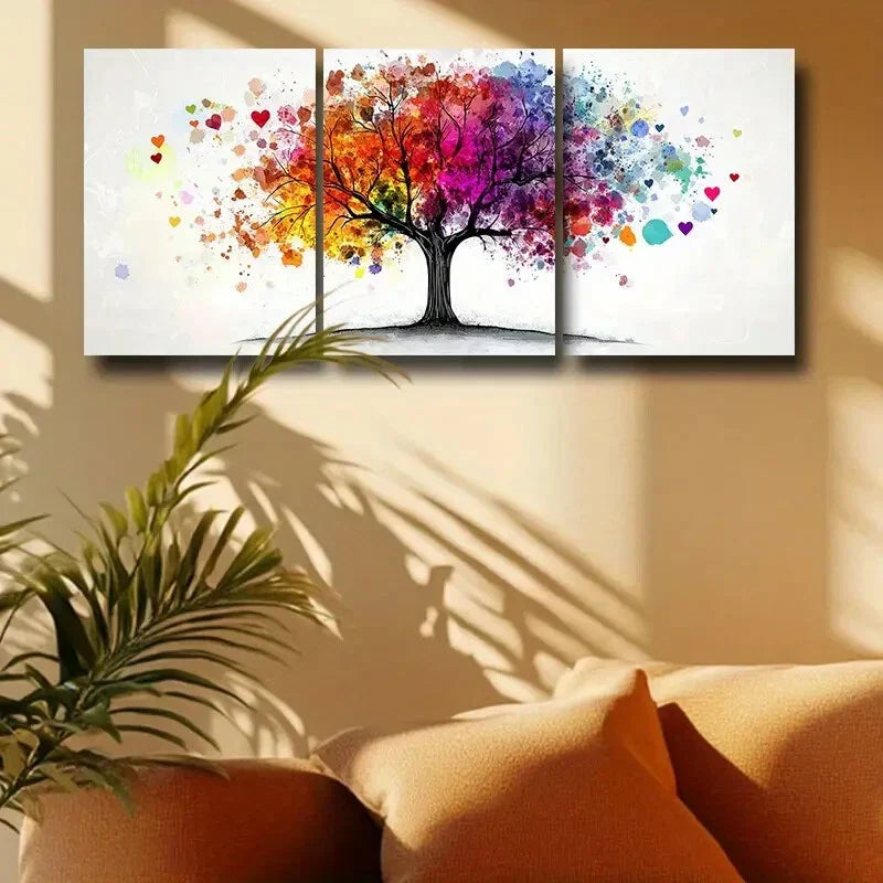 3pcs Tree Design with Vibrant Leaves & Hearts Metal Print Ready to Hang Art