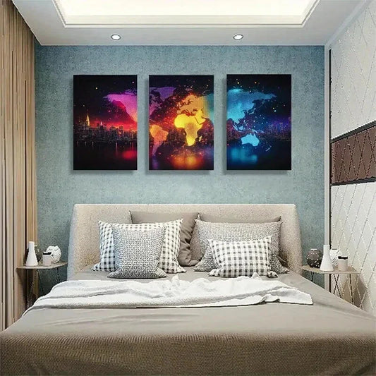 3pcs Geometric World Map with Cityscapes Perfect Wall Art Set Canvas Framed 40x60cm - High Quality Print 100% Australian Made Wall Canvas Ready to Hang