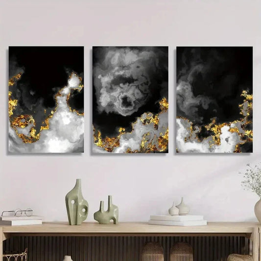 3pcs Black and gold abstract space clouds, Metal Print Ready to Hang Art